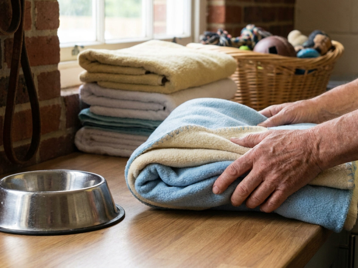 Hands folding soft towels beside a steel food bowl on a wooden table