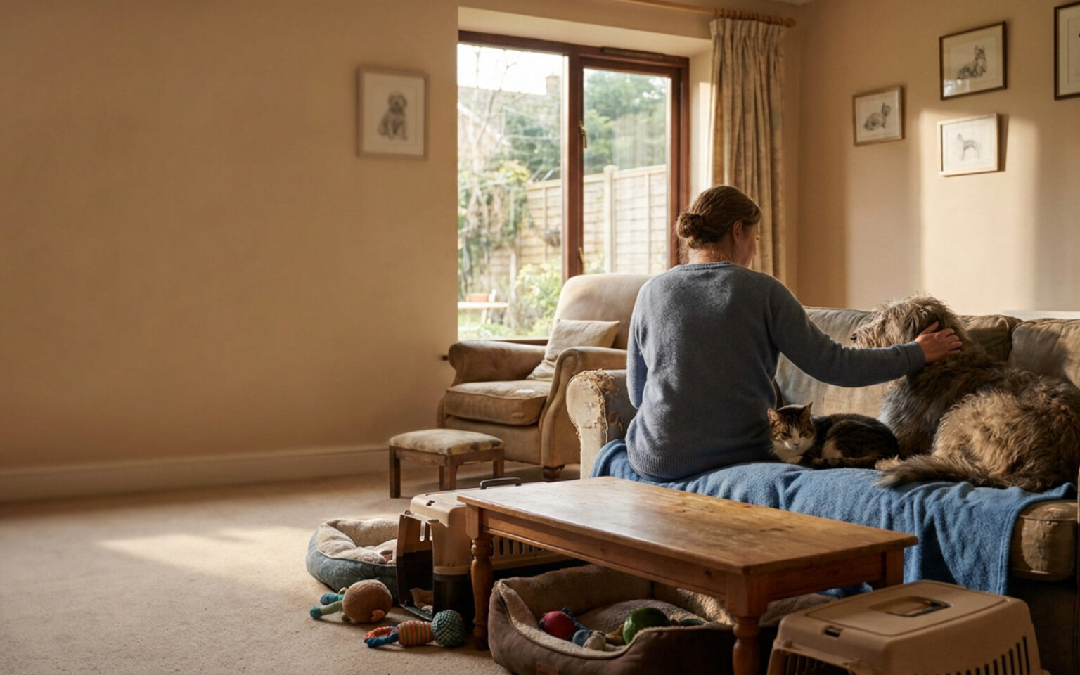 A woman on a sofa stroking her rescue dog while a cat rests beside them